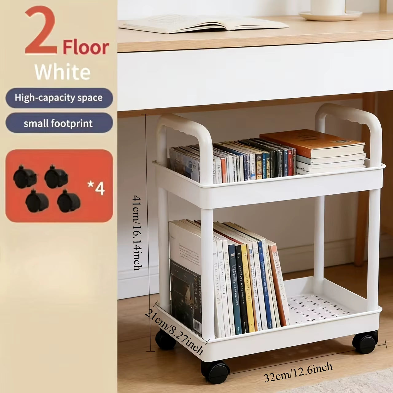 2-Tier Rolling Storage Cart , Portable Handle for Bedroom Kitchen Bathroom Office, Space-Saving Standing Shelf Organizer