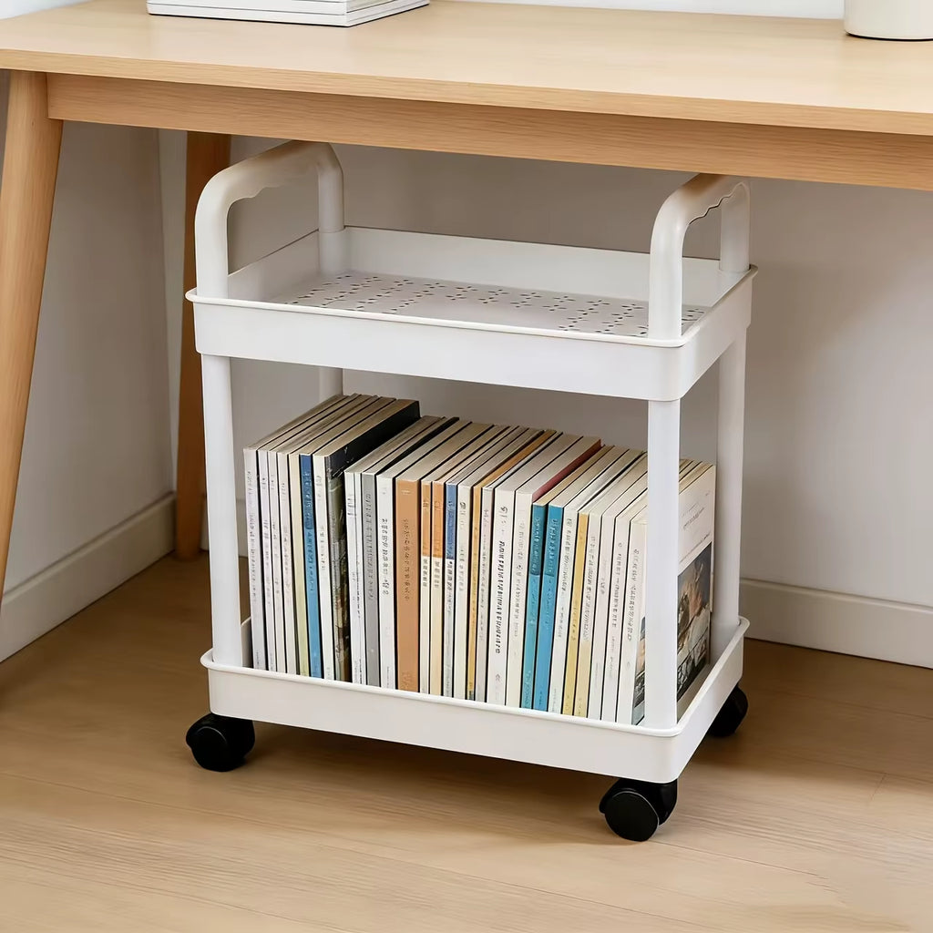 2-Tier Rolling Storage Cart , Portable Handle for Bedroom Kitchen Bathroom Office, Space-Saving Standing Shelf Organizer