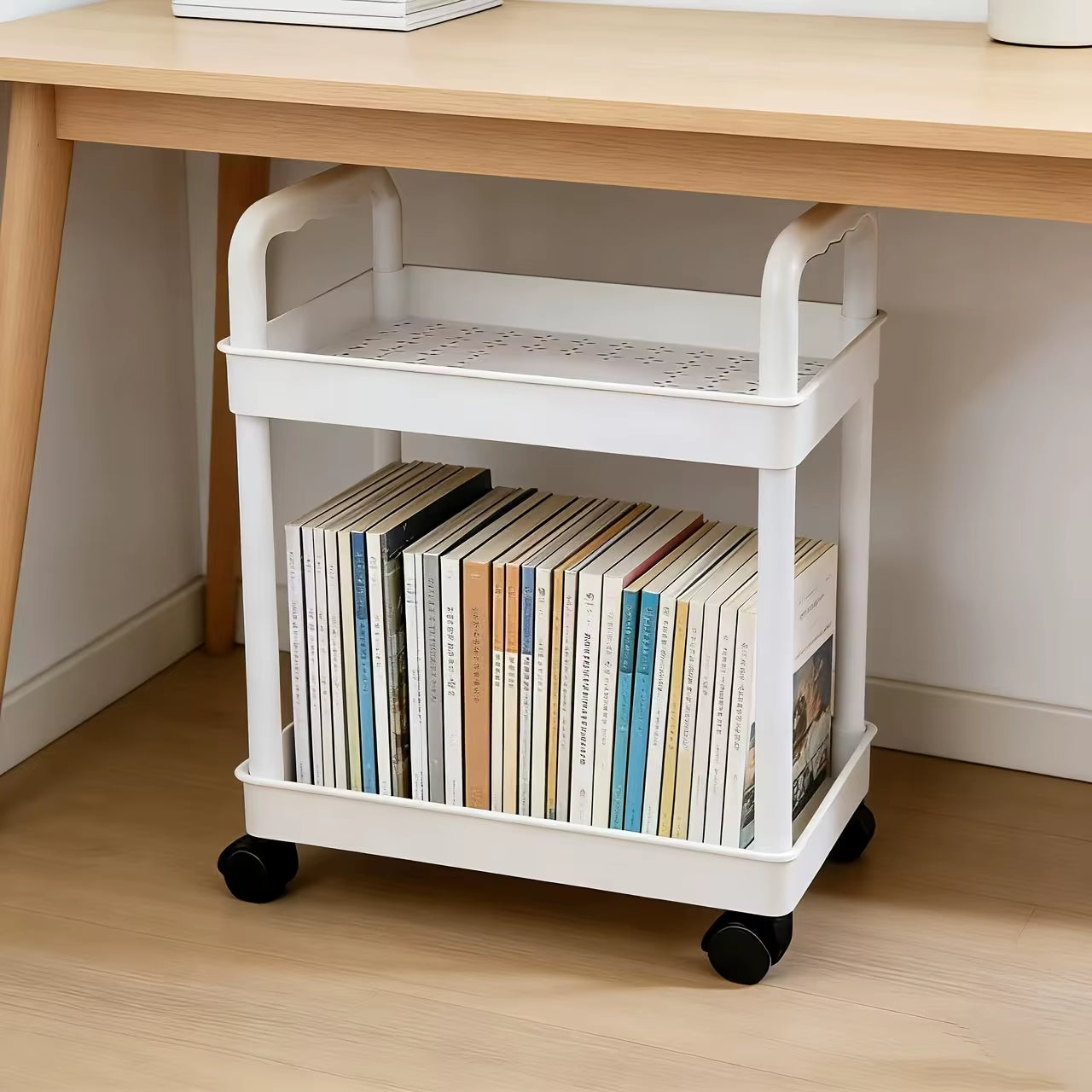 2-Tier Rolling Storage Cart , Portable Handle for Bedroom Kitchen Bathroom Office, Space-Saving Standing Shelf Organizer