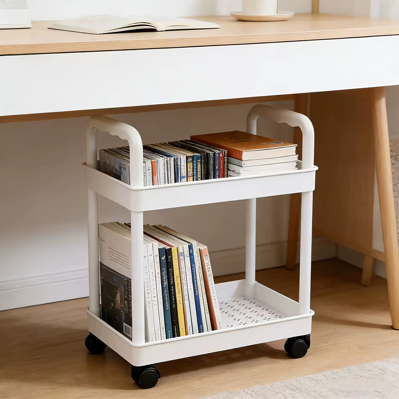 2-Tier Rolling Storage Cart , Portable Handle for Bedroom Kitchen Bathroom Office, Space-Saving Standing Shelf Organizer