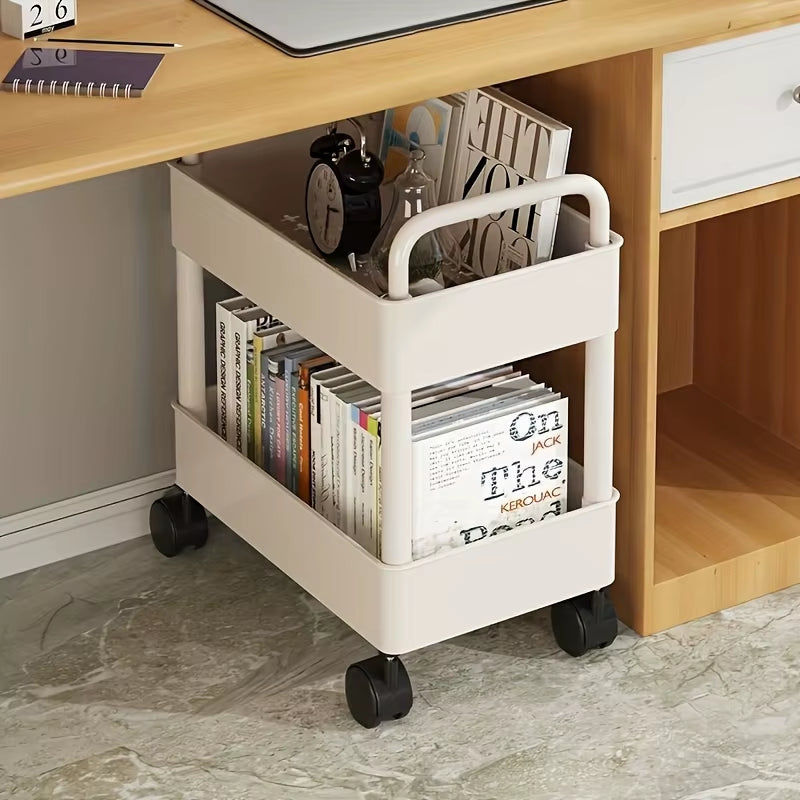 2-Tier Rolling Storage Cart , Portable Handle for Bedroom Kitchen Bathroom Office, Space-Saving Standing Shelf Organizer